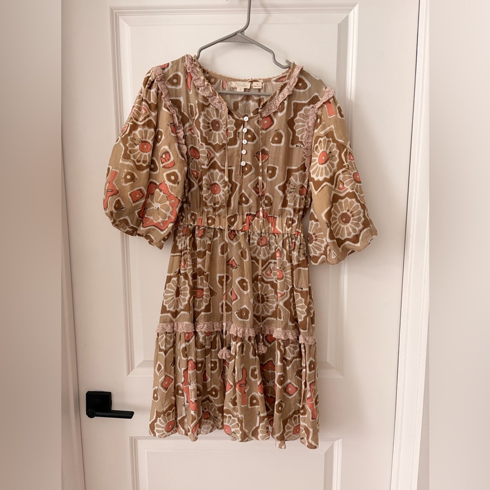 Anthropologie Letmebe Light Brown Floral Puff Sleeve Dress